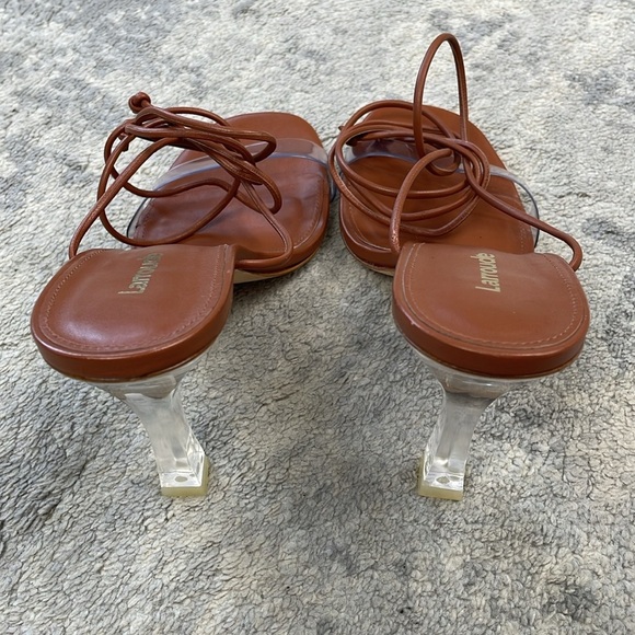 Larroude Gloria Sandal In Caramel Leather and Vinyl Ankle Wrap Clear Heel 7 - Picture 10 of 16